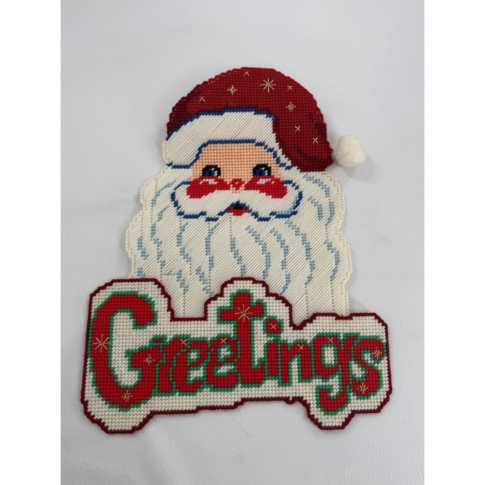Vintage Handmade Needlepoint Santa Claus Christmas Greetingw Wall Hanging 13x17